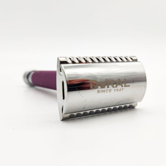 Dural Heavy Stroud Head safety razor by Pasteur Pharmacy with purple handle and pouch for a classic shaving experience