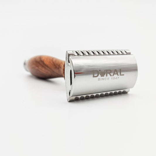 Dural Sheesham wood double edge safety razor with Pouch, featuring a polished handle and stainless steel blades for a close shave.