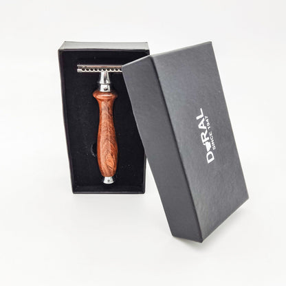 Dural Sheesham wood double edge safety razor from Pasteur Pharmacy with a protective pouch, showcasing the elegant handle and blade.