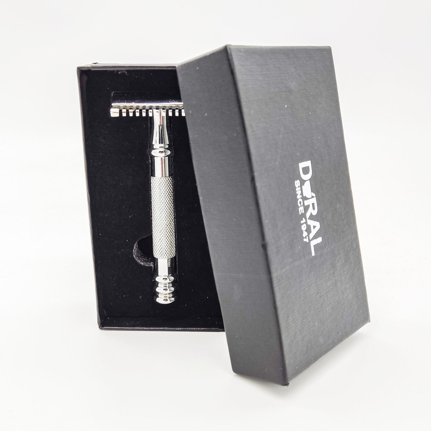 Dural Stounton open comb double edge safety razor by Pasteur Pharmacy with leather pouch for grooming and shaving.