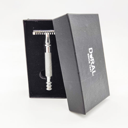 Dural Stounton open comb double edge safety razor by Pasteur Pharmacy with leather pouch for grooming and shaving.