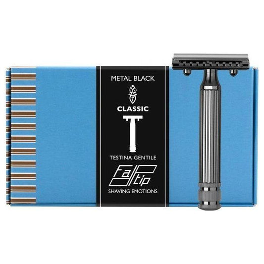 Fatip Classic Metal Black Testina Gentile safety razor with closed comb design, featuring a sleek black finish and sturdy metal construction.
