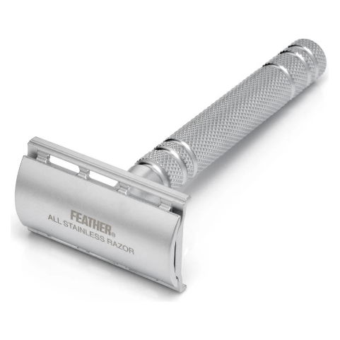 Feather AS-D2 stainless steel safety razor with double-edge blades, featuring a sleek, polished design for a close shave.