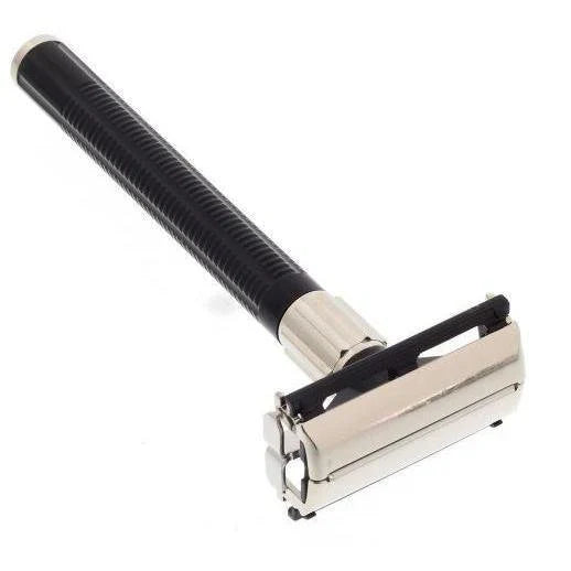 Feather Popular double edge safety razor with stainless steel handle and sleek design for a close, smooth shave.