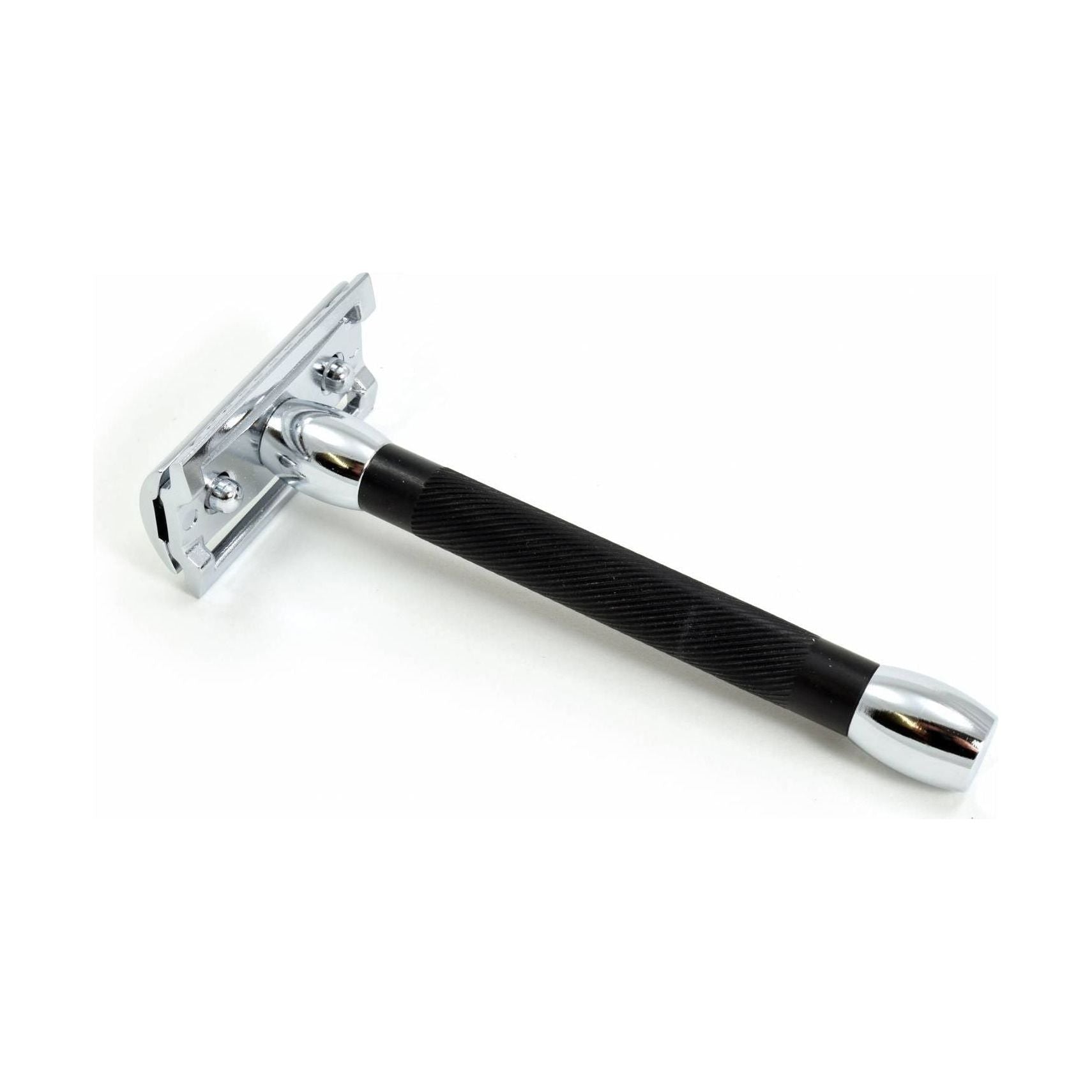 Merkur 20C Long Black Handle Safety Razor with chrome head and textured black handle, designed for a close, comfortable shave.