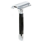 Merkur 30C Chrome safety razor with black rubber handle, featuring a sleek design and textured grip for a close shave.