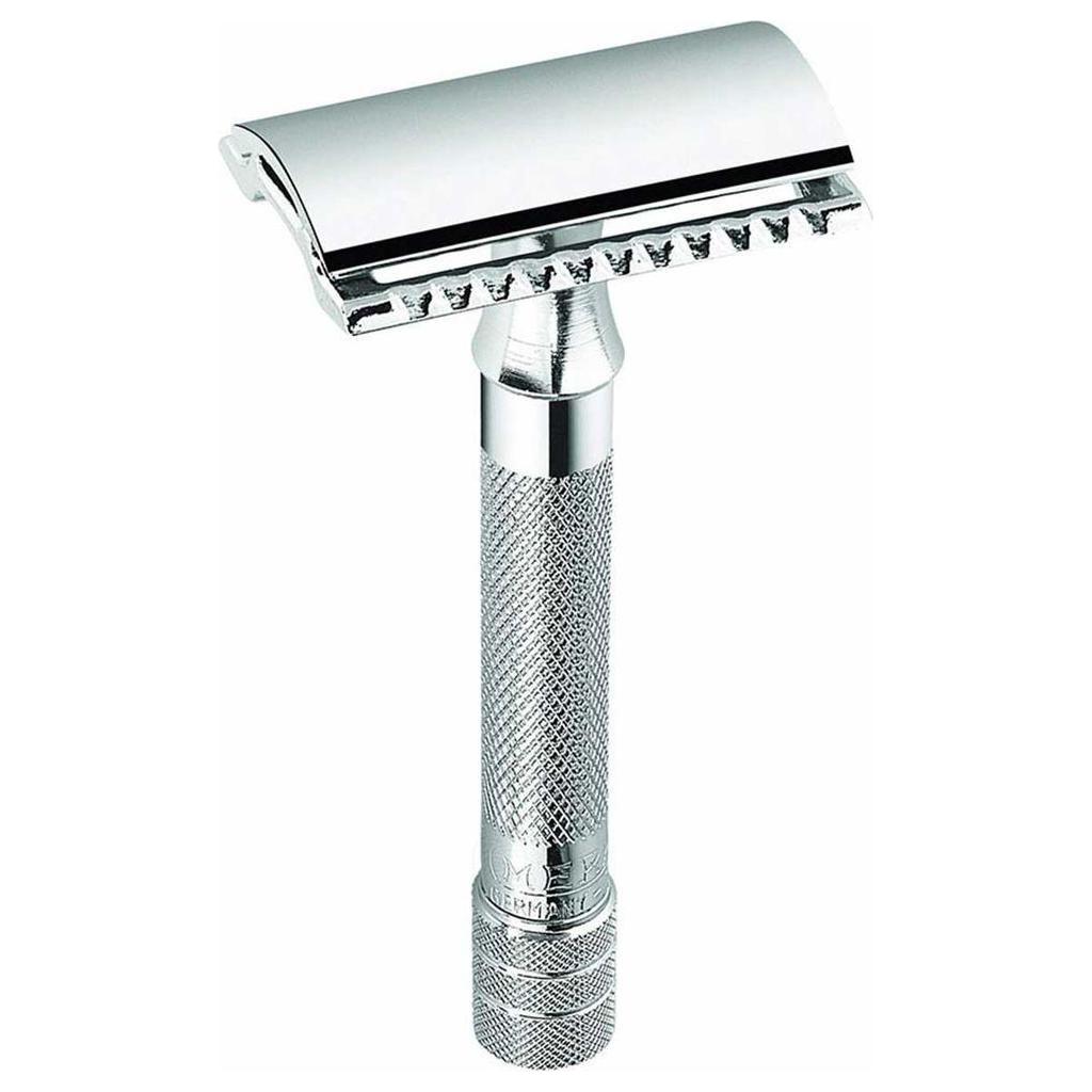 Merkur 33C Classic Safety Razor with stainless steel handle and double-edged blade for a close shave.