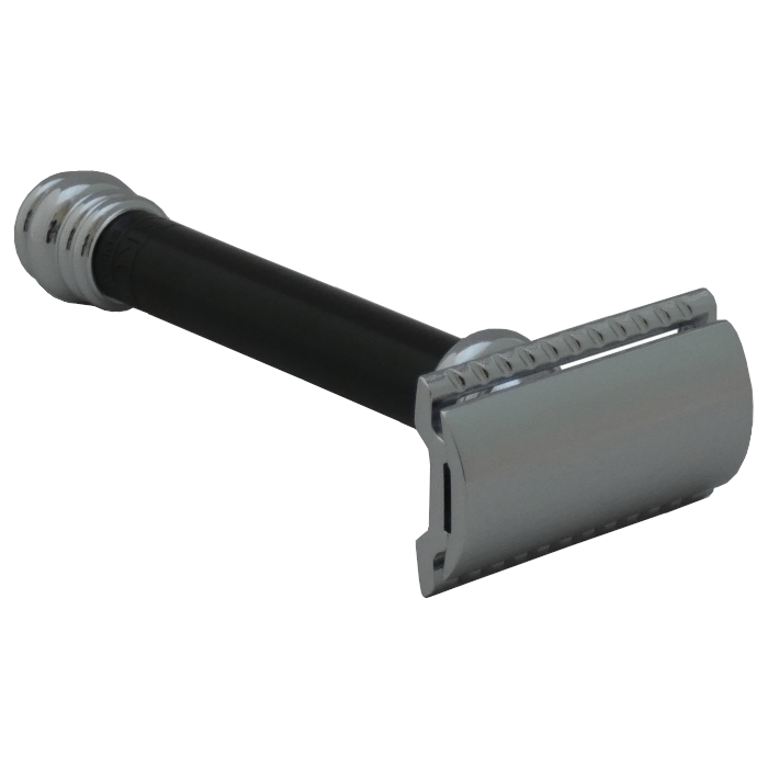 Merkur 38C Safety Razor with black barber pole handle, double-edge blade, showcasing the classic design and sturdy construction.