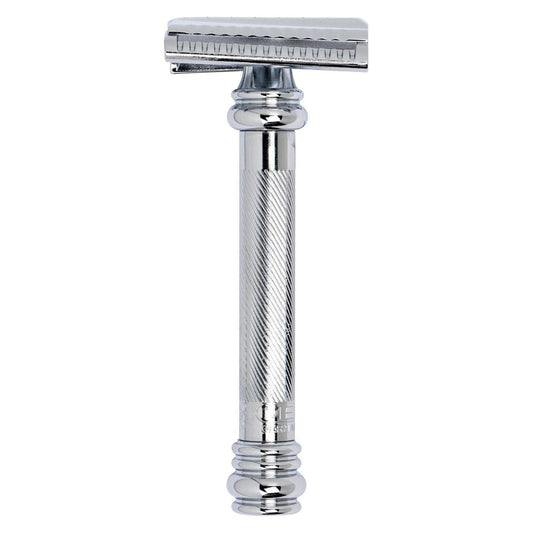 Merkur 39C Slant Barber Pole Safety Razor with stainless steel handle and classic barber pole design, suited for close shaving.