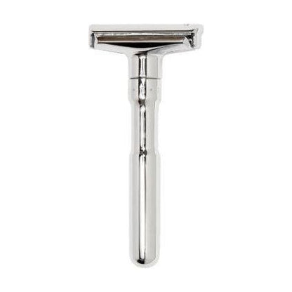 Polished Merkur Futur adjustable safety razor with gift box and blades, featuring a sleek, modern design for a close shave.
