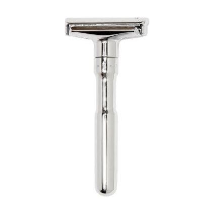 Polished Merkur Futur adjustable safety razor with gift box and blades, featuring a sleek, modern design for a close shave.