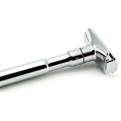 Polished Merkur Futur adjustable safety razor with gift box and blades, designed for a smooth shave and customizable settings.