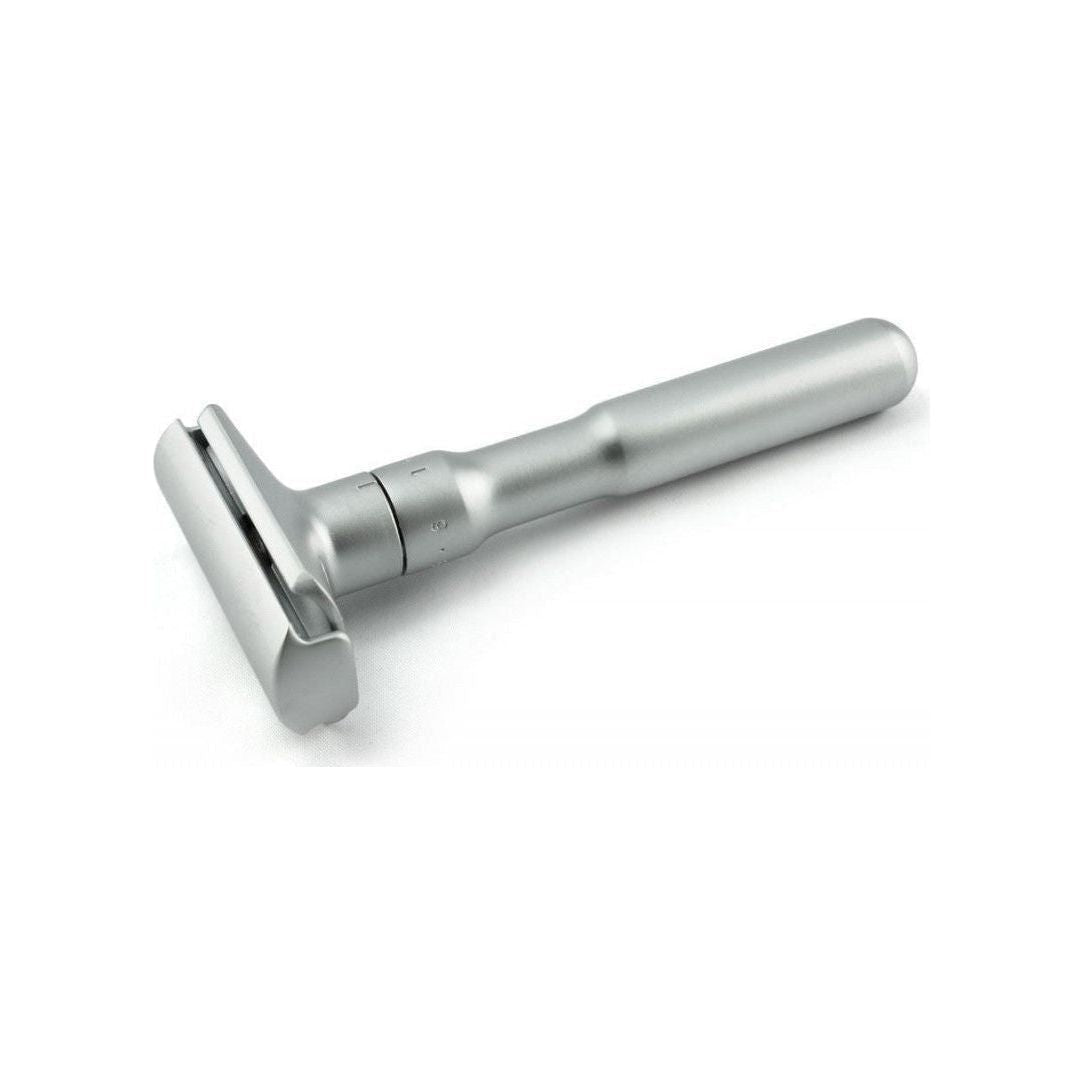 Merkur Futur adjustable safety razor in satin finish with gift tin and blades, designed for a close, customizable shave.