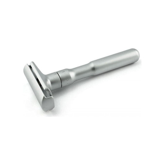 Merkur Futur adjustable safety razor in satin finish with gift tin and blades, designed for a close, customizable shave.
