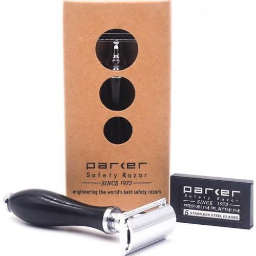 Parker 111B safety razor with black resin handle, featuring a sleek design and metal safety guard for a close shave.
