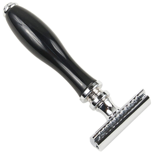 Parker 111B black resin handle safety razor with a sleek design and sturdy metal construction for precise shaving.