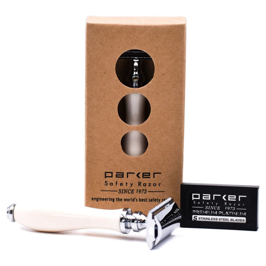 Parker 111W safety razor with white resin handle and metal head, designed for a close, comfortable shave.