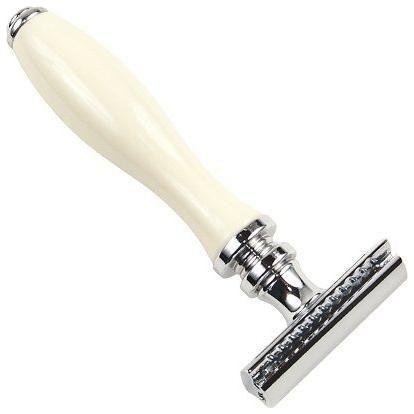 Parker 111W safety razor with white resin handle, featuring a classic design and stainless steel shaving head.