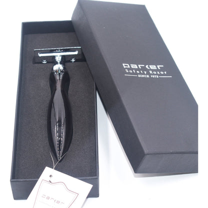 Parker 12R safety razor with buffalo horn handle and stainless steel head, displayed on a plain white background.