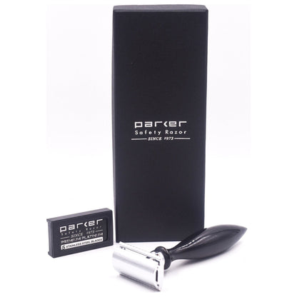 Parker 12R safety razor with buffalo horn handle, featuring a classic double-edge design and polished metal finish.
