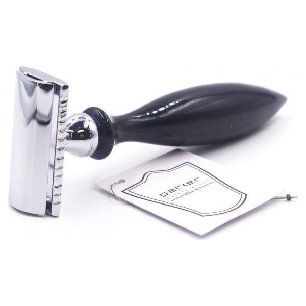 Parker 12R Buffalo Horn Handle Safety Razor with polished metal head and textured buffalo horn handle, designed for a close shave.