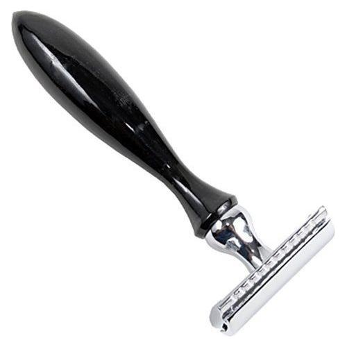 Parker 12R safety razor with buffalo horn handle, showcasing a classic double-edge safety razor design with polished metal finish.