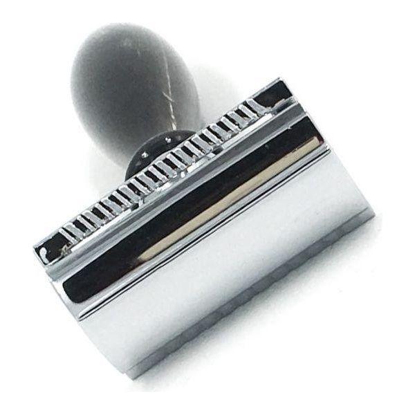 Parker 12R safety razor with buffalo horn handle, featuring a sleek metallic head, ideal for a close, traditional shave.