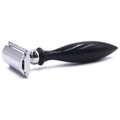 Parker 12R safety razor with a buffalo horn handle, featuring a vintage metal safety razor design for a close shave.