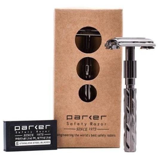 Parker 22R Gunmetal Safety Razor with long handle and butterfly safety mechanism, ideal for close shaving.