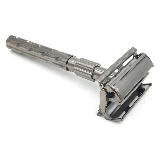 Parker 22R Gunmetal Long Handle Butterfly Safety Razor with textured grip and open comb design for a close shave.