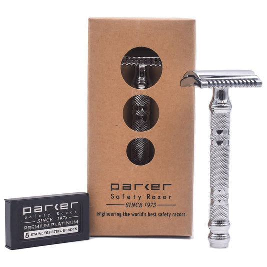 Parker 24C open comb safety razor with chrome finish, featuring a classic design for a close, smooth shave.
