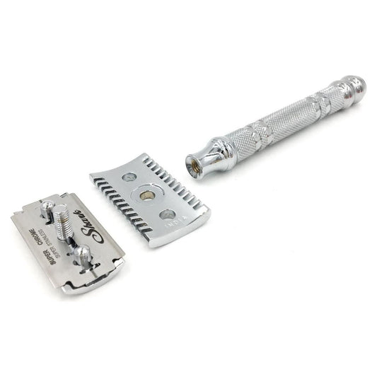 Parker 24C open comb safety razor with chrome finish, featuring a sturdy handle and classic safety razor design for a close shave.