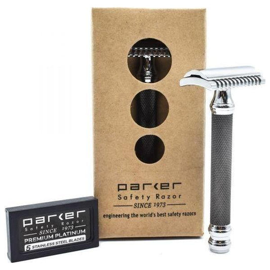Parker 26C open comb safety razor with graphite handle, designed for a close shave, displayed on a white background.