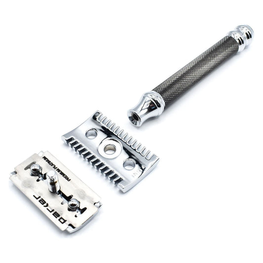 Parker 26C open comb safety razor with graphite handle, featuring a sleek, sturdy design for close shaving.