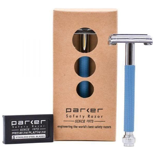 Parker 29L blue safety razor with long handle and butterfly open mechanism, featuring a sleek design and safety features.