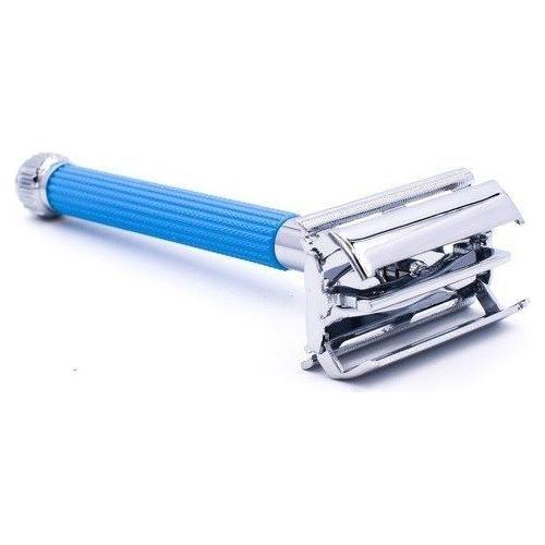 Blue Parker 29L safety razor with long handle and butterfly open design, featuring a sleek, classic look for close shaving.