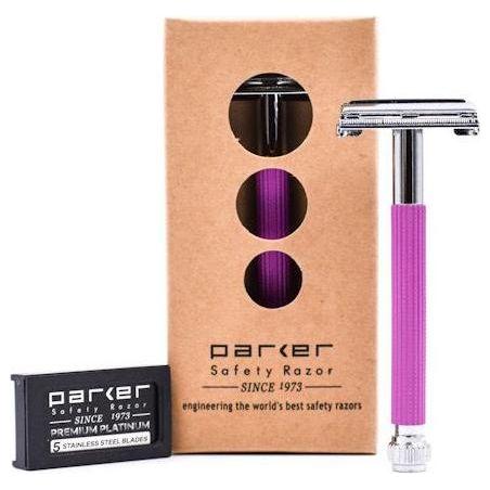 Lavender Parker 29L women's long handle butterfly open safety razor with textured grip and stainless steel blades.