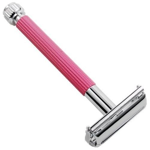 Parker 29L pink safety razor for women with long handle and butterfly open design, displayed with the razor blade open.