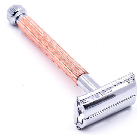 Parker 29L Rose Gold Long Handle Butterfly Open Safety Razor with 5 Parker Platinum blades on a white background.