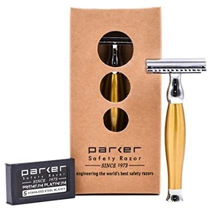 Parker 48r matte gold three-piece double-edge safety razor with textured handle and polished head, designed for a close, comfortable shave.