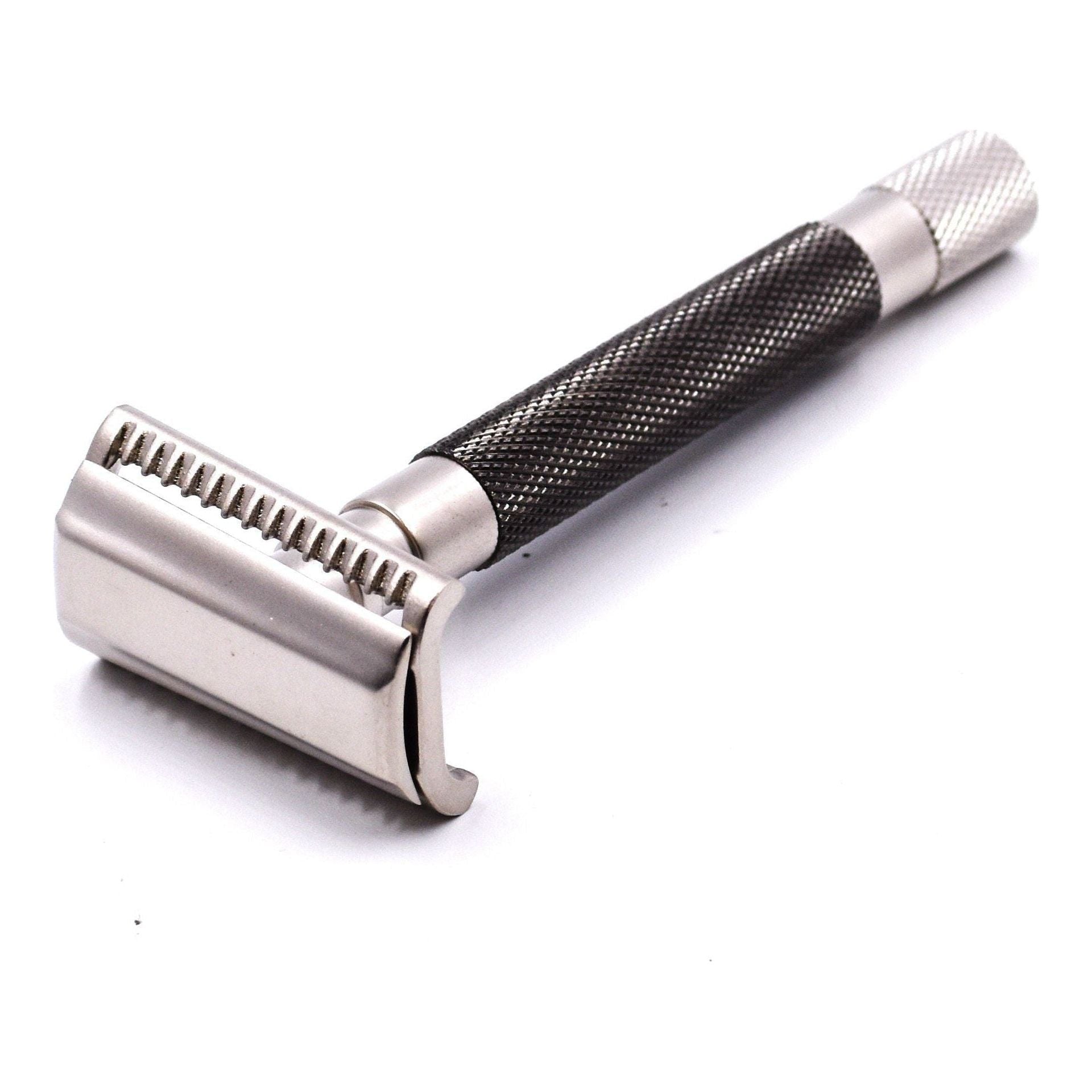 Parker 55SL-GR Graphite semi-slant 3-piece safety razor with textured handle and polished head for a smooth shave.