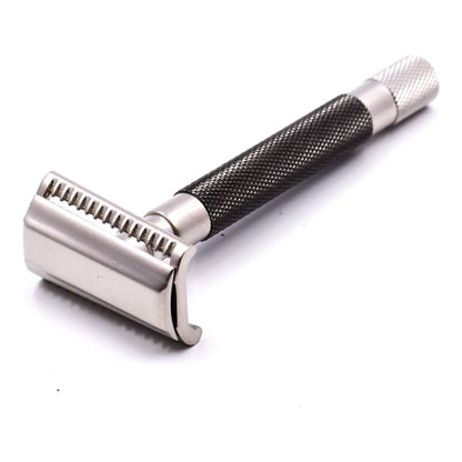 Parker 55SL-GR Graphite semi-slant 3-piece safety razor with textured handle and polished head for a smooth shave.