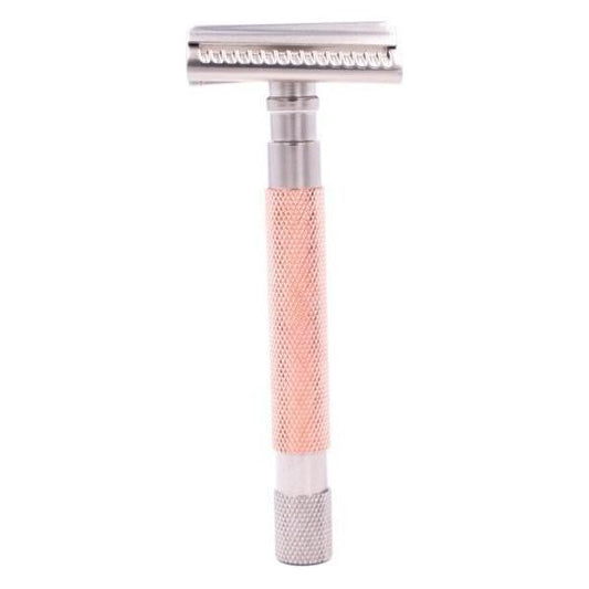 Parker 55SL-RG rose gold semi-slant safety razor with three-piece design, featuring a polished handle and head for a classic grooming look.
