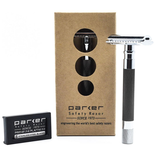 Parker 56R-GR graphite safety razor with textured handle and sleek design, ideal for close shaving.