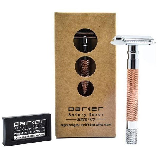 Parker 56R rose gold safety razor with textured handle and double-edged blade for a close shave.