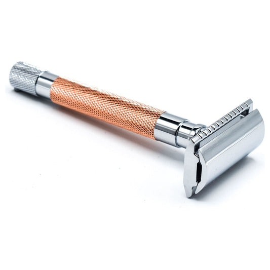 Parker 56R Rose Gold Safety Razor with textured handle and safety guard, designed for a close shave and elegant grooming.