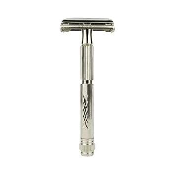 Parker 60R Nickel Butterfly Safety Razor with double edge blade and nickel finish, shown with open butterfly head.