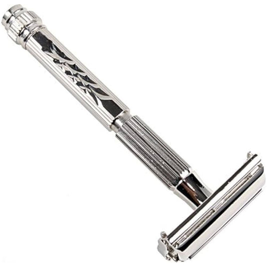 Parker 60R Nickel Butterfly Double Edge Safety Razor with metal handle and butterfly opening, designed for a close shave.