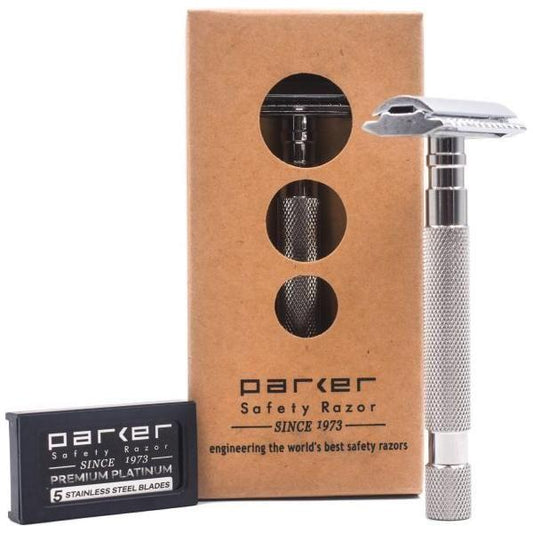 Parker 64S stainless steel safety razor with closed comb head, featuring a sleek handle for precise shaving.