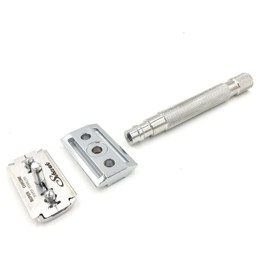 Parker 64S stainless steel safety razor with closed comb head, featuring a durable handle and classic grooming design.